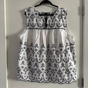 New Talbots Embroidered Scallop Hem Top White Round Split Neck Sleeveless Sz 3X